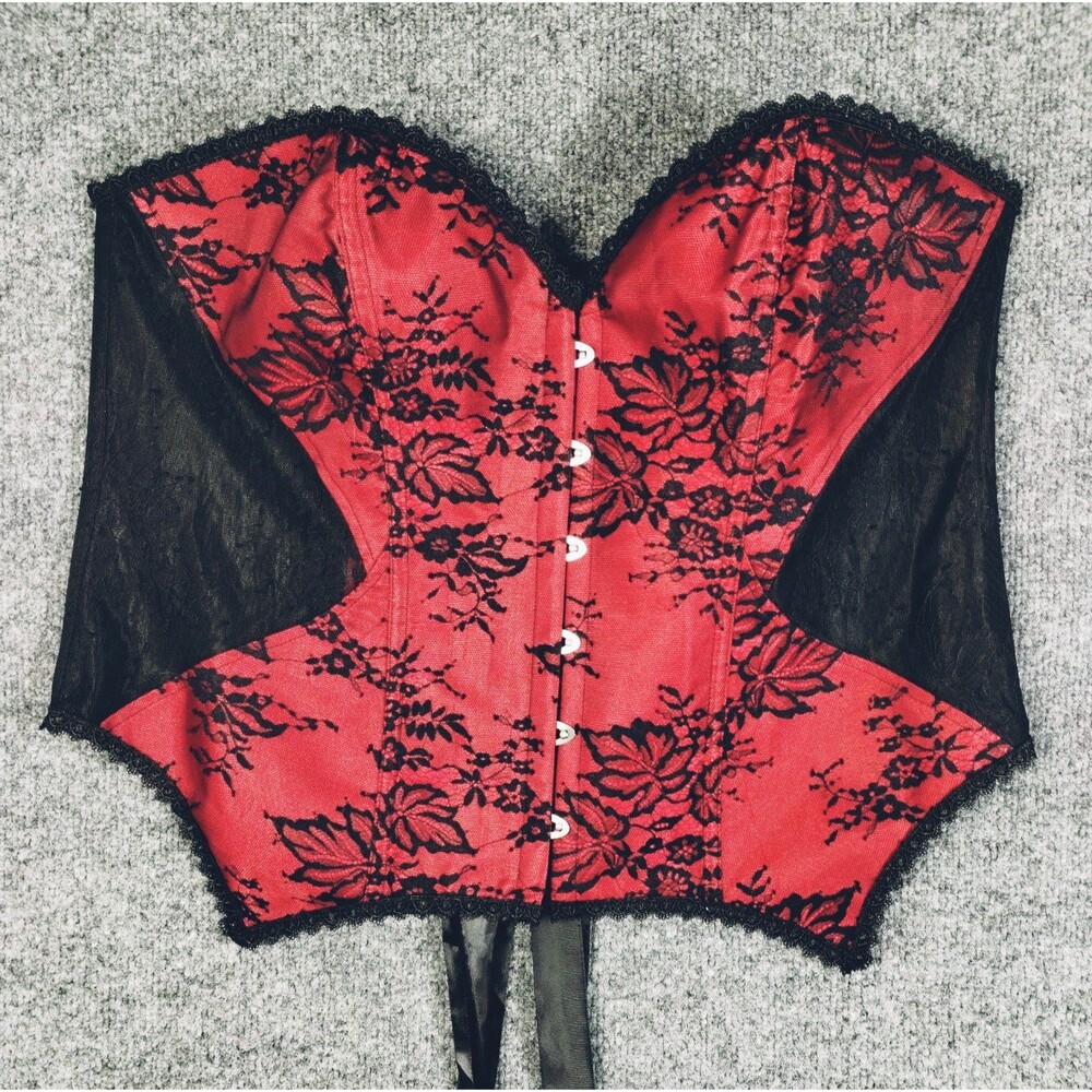 Corset Size 40 Red Satin Black Lace Satin Ribbon Tie Up Back Cute Goth Cosplay